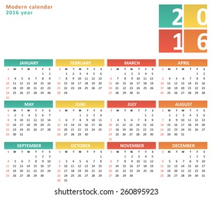 Flat calendar for 2016 year 