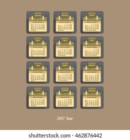 Flat calendar 2017 year design, English, Sunday start