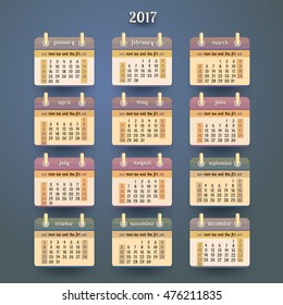 Flat calendar 2017 year design, English, Sunday start