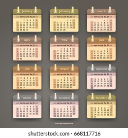 Flat calendar 2018 year design, English, Sunday start