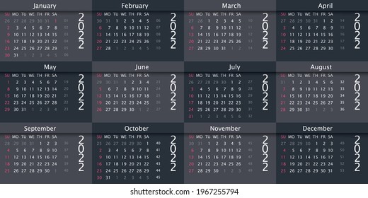 Flat Calendar for 2022 year. Week starts Sunday. Planner Wall Monthly Calendar for the year 2022.