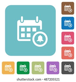 Flat calendar alarm icons on rounded square color backgrounds.