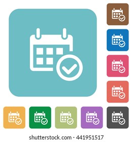 Flat calendar check icons on rounded square color backgrounds.