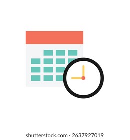 Flat calendar and clock icon symbolizing time management, schedule, event planning, or date reminder. Ideal for productivity, digital planner, or time-tracking visuals.