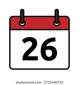 Icono de día calendario plano con el número 26. Símbolo de fecha de Vector mínimo para los conceptos de planificador, recordatorio, programación y fecha límite.