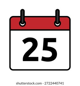 Icono de día calendario plano con el número 25. Símbolo de fecha de Vector mínimo para los conceptos de planificador, recordatorio, programación y fecha límite.
