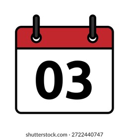Icono de día calendario plano con el número 3. Símbolo de fecha de Vector mínimo para los conceptos de planificador, recordatorio, programación y fecha límite.