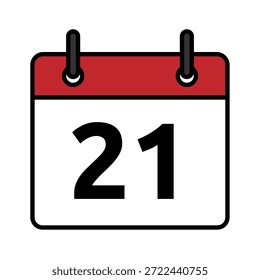 Icono de día calendario plano con el número 21. Símbolo de fecha de Vector mínimo para los conceptos de planificador, recordatorio, programación y fecha límite.