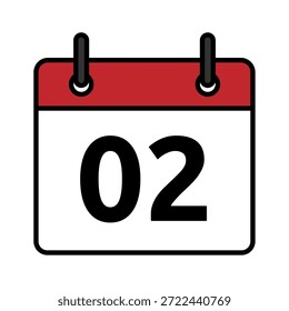 Flat calendar day icon with number 2. Minimal vector date symbol for planner, reminder, scheduling and deadline concepts.
