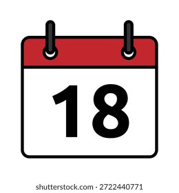 Icono de día calendario plano con el número 18. Símbolo de fecha de Vector mínimo para los conceptos de planificador, recordatorio, programación y fecha límite.