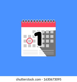 Flat calendar icon and 1st vector illustration. Concept to mark agenda, day, date and reminder. Flat modern calendar style. Calendar for reminder symbol. Calendar vector illustration. Reminder concept