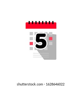 Flat calendar icon and 5th vector illustration. Concept to mark holidays, meetings, day, important activities, date, agenda and appointments. Flat modern calendar style reminder symbol.
