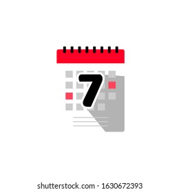 Flat calendar icon and 7th vector illustration. Concept to mark agenda, day, date and reminder. Flat modern calendar style. Calendar for reminder symbol. Calendar vector illustration. Reminder concept