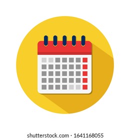 Flat calendar icon. Appointment event date in spiral calendar in yellow circle. Business deadline symbol. Month or week plan event for job. Schedule of day. Timetable in school. vector illustration