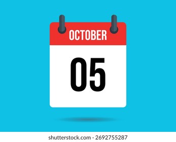 Flat calendar icon with bold number displays October 05th, features red frame and is set against a bright light blue backdrop. Date and month are clear.