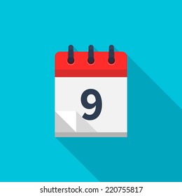 Flat calendar icon. Date and time background. Number 9
