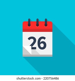 Flat calendar icon. Date and time background. Number 26
