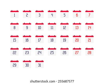 Flat calendar icon with day digits for full month