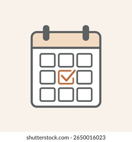 Icono de calendario plano con una marca o verificación en el fondo claro