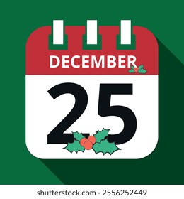 Flat calendar icon marking December 25th, Christmas date. for websites and graphic resources.