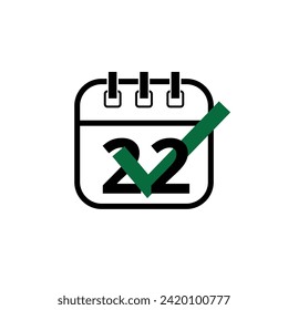 Flat calendar icon marking a specific day with checklist, day 22.