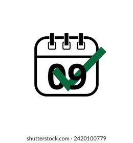 Flat calendar icon marking a specific day with checklist, day 09.