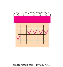 Flat calendar Icon.  The calendar of menstrual cycle, ovulation calendar for women, female monthly calendar. Vector female health illustration.