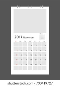 Flat calendar Icon. Calendar on the wall. Calendar flipping date time day month November 2017 simple flat. Vector illustration.