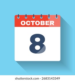 Flat calendar icon representing October 8 with subtle long shadow