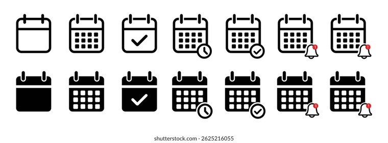 Ícone de calendário plano definido com marcas de seleção, relógios e sinos de lembrete. Estilo de vetor mínimo para aplicativos, agendamento, planejamento, eventos e notificações. Ideal para interface de usuário, UX e interfaces digitais. Ícones.