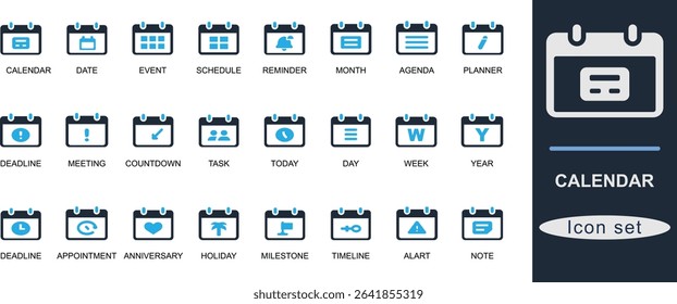 Flat calendar icon set with event, schedule, reminder, date, planner, meeting, task, time, and alert. Ideal for UI, apps, productivity, and business use.