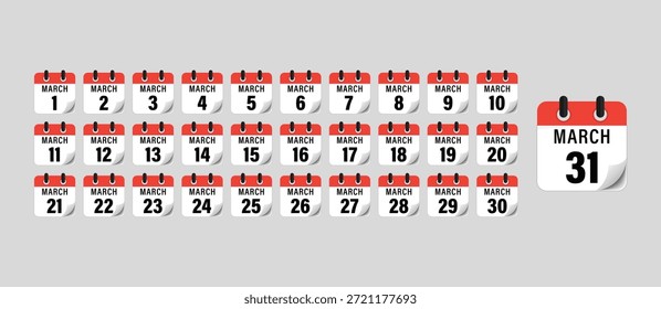 Icono de calendario plano establecido del 1 de marzo al 31 de marzo