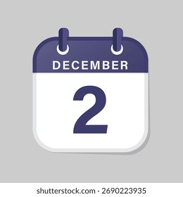 Ícone de calendário plano mostrando a segunda data de dezembro no estilo gráfico vetorial minimalista moderno