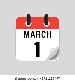 Icono de calendario plano que muestra el diseño de la fecha del primero de marzo