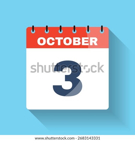 Flat calendar icon showing October 3 with elegant long shadow