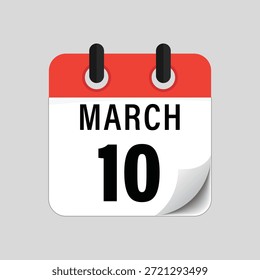 Icono de calendario plano que muestra el diseño de la fecha del 10 de marzo