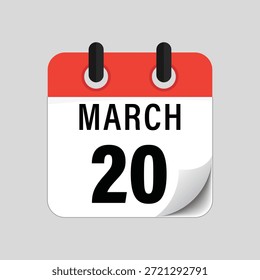 Icono de calendario plano que muestra el diseño de la fecha del 20 de marzo