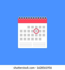 Flat calendar icon and small red circle vector illustration. Concept to mark holidays, meetings, day, important activities, date, agenda and appointments. Flat modern style reminder symbol.