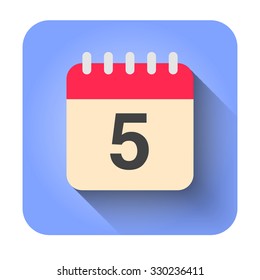 Flat calendar icon vector illustration. Simple calendar with date 5.