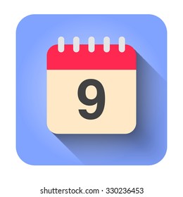 Flat calendar icon vector illustration. Simple calendar with date 9.