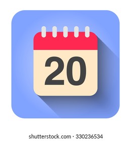 Flat calendar icon vector illustration. Simple calendar with date 20.