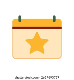 Flat calendar icon with yellow star symbol representing important date, special event or holiday reminder