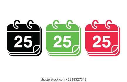 Flat calendar icons showing date twenty fifth in black white green and red