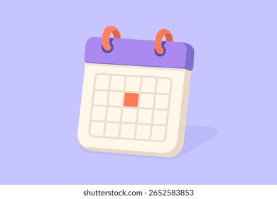 Flat calendar illustration with purple header and orange rings on light violet background. Red square highlights an important date. Clean and modern look for time planning