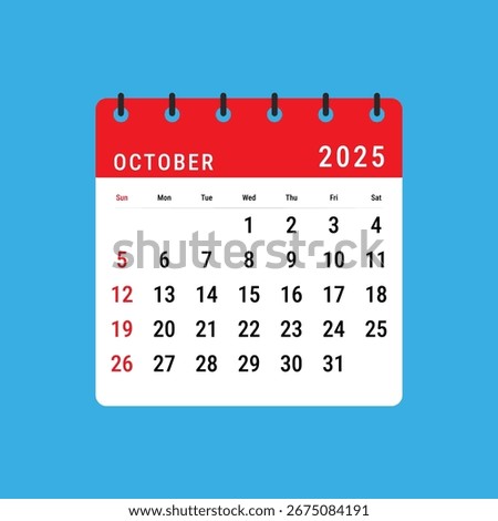 Flat calendar leaf for October 2025, clean vector style for planner, app, web, or print projects