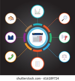 Flat Calendar, Magnifier, Task List And Other Vector Elements. Set Of Career Flat Symbols Also Includes Announcement, Loudspeaker, Handset Objects.
