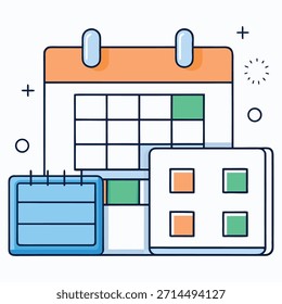 Ilustración vectorial plana de calendario y planificador que muestra bloques de programación, cuadrículas de fecha y tarjetas de tareas en un estilo de esquema moderno. Ideal para productividad, gestión del tiempo, App de planificación, paneles de interfaz de usuario