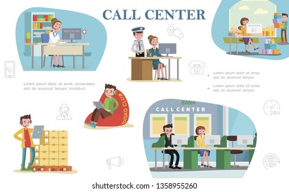 Flat call center colorful composition with support workers of helpline services of hospital bank police department shops vector illustration