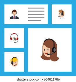Flat Call Set Of Call Center, Service, Hotline And Other Vector Objects. Also Includes Center, Telemarketing, Earphone Elements.