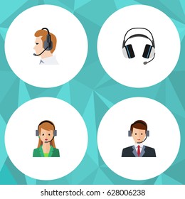 Flat Call Set Of Secretary, Earphone, Hotline And Other Vector Objects. Also Includes Earphone, Headset, Telemarketing Elements.